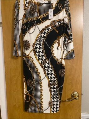 Cache Black, White & Gold Chain-Print Midi Sheath Dress
